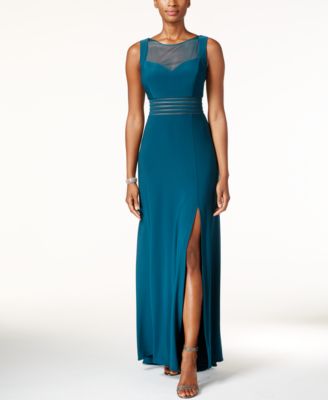 Nightway Petite Illusion Mesh Slit Gown