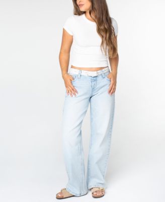 Juniors' Contrast-Waistband Wide-Leg Jeans