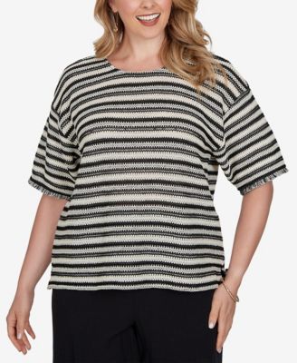 Plus Size Textured Stripe Fringe-Sleeve T-Shirt