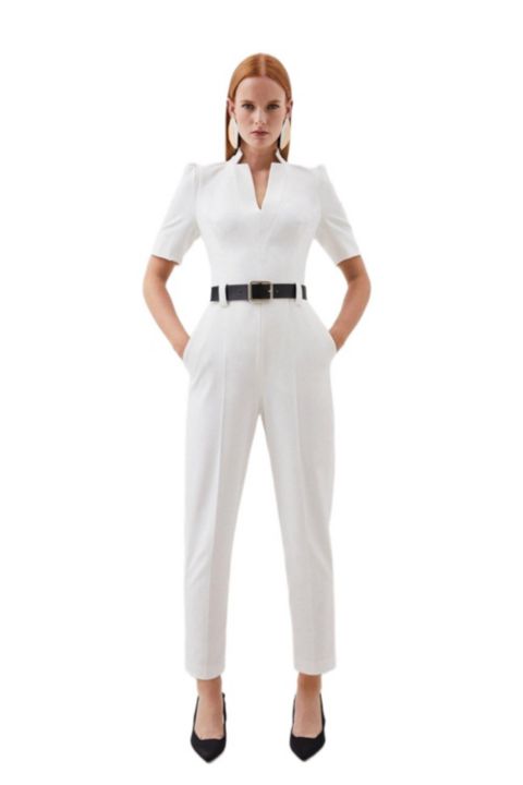 Женский комбинезон Karen Millen Structured Crepe Forever Belted Jumpsuit, цвет: Слоновая кость