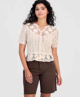 Women's Cotton Crochet Button-Front Peplum Top