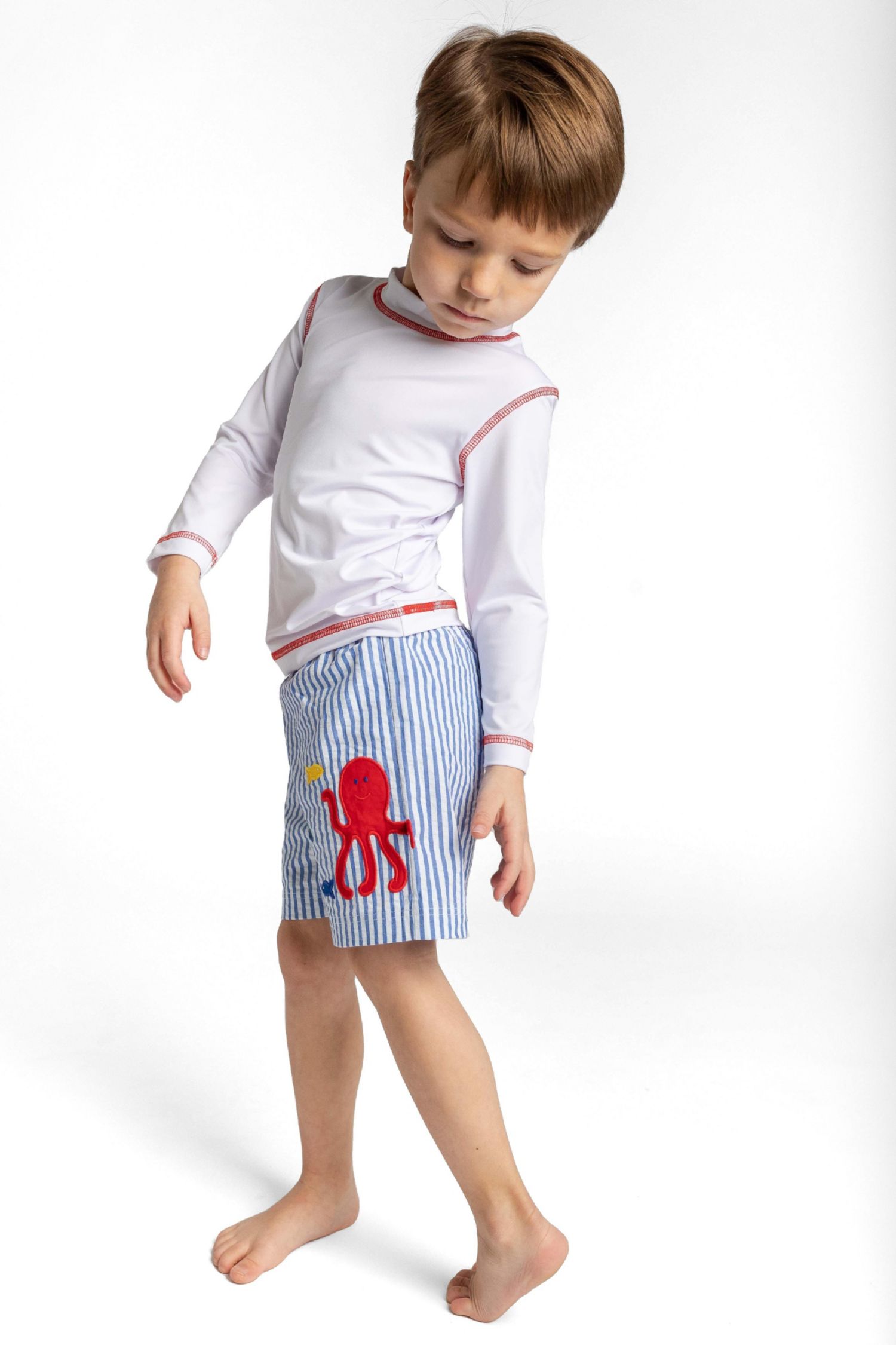 Little Boys Seersucker Swim Trunk With Octopus