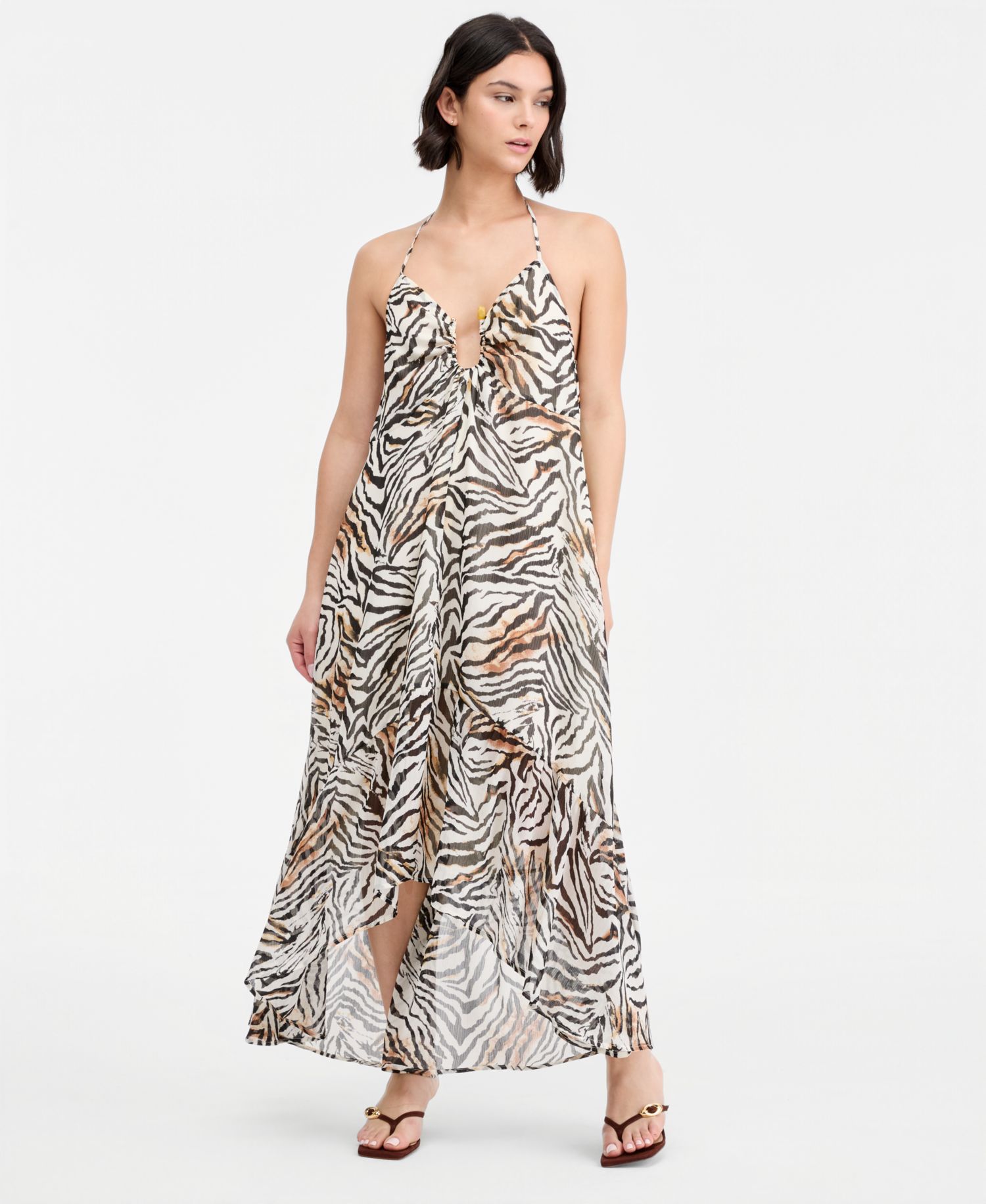 Women's Zebra Print Chiffon Halter High-Low Dress