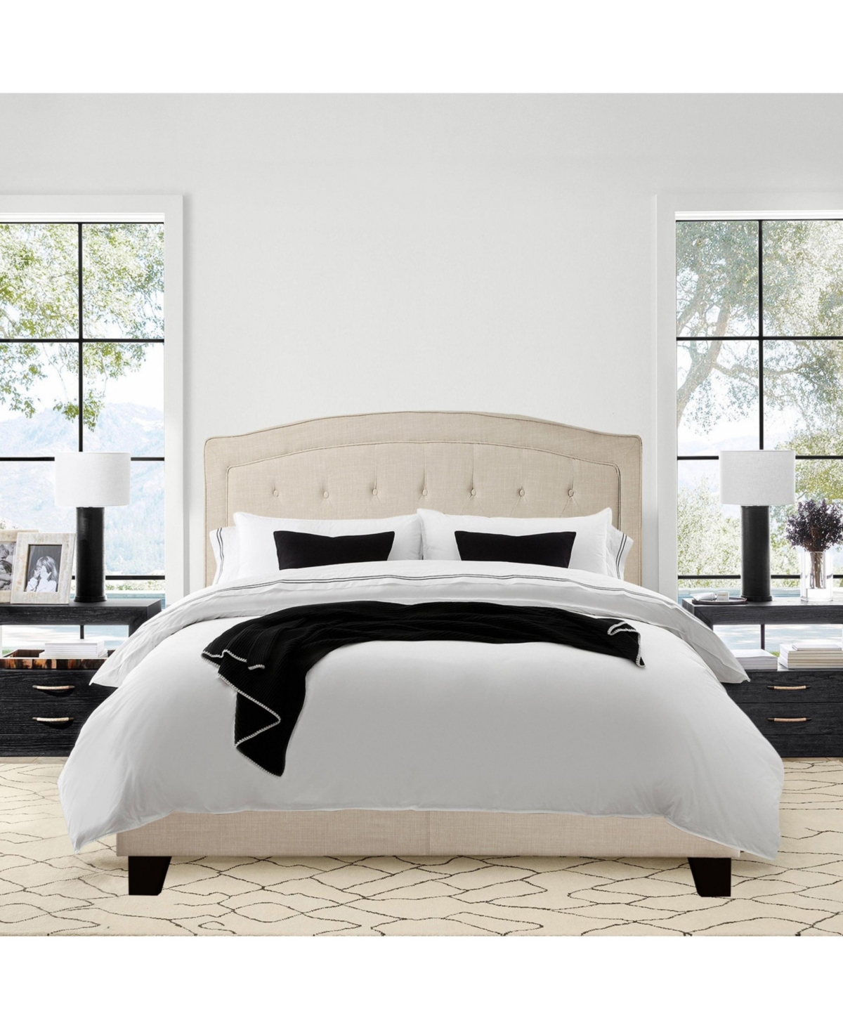 Boyel Living Upholstered Bed with Curved Button Tufted Headboard Modern Platform Frame Solid Wood Structure