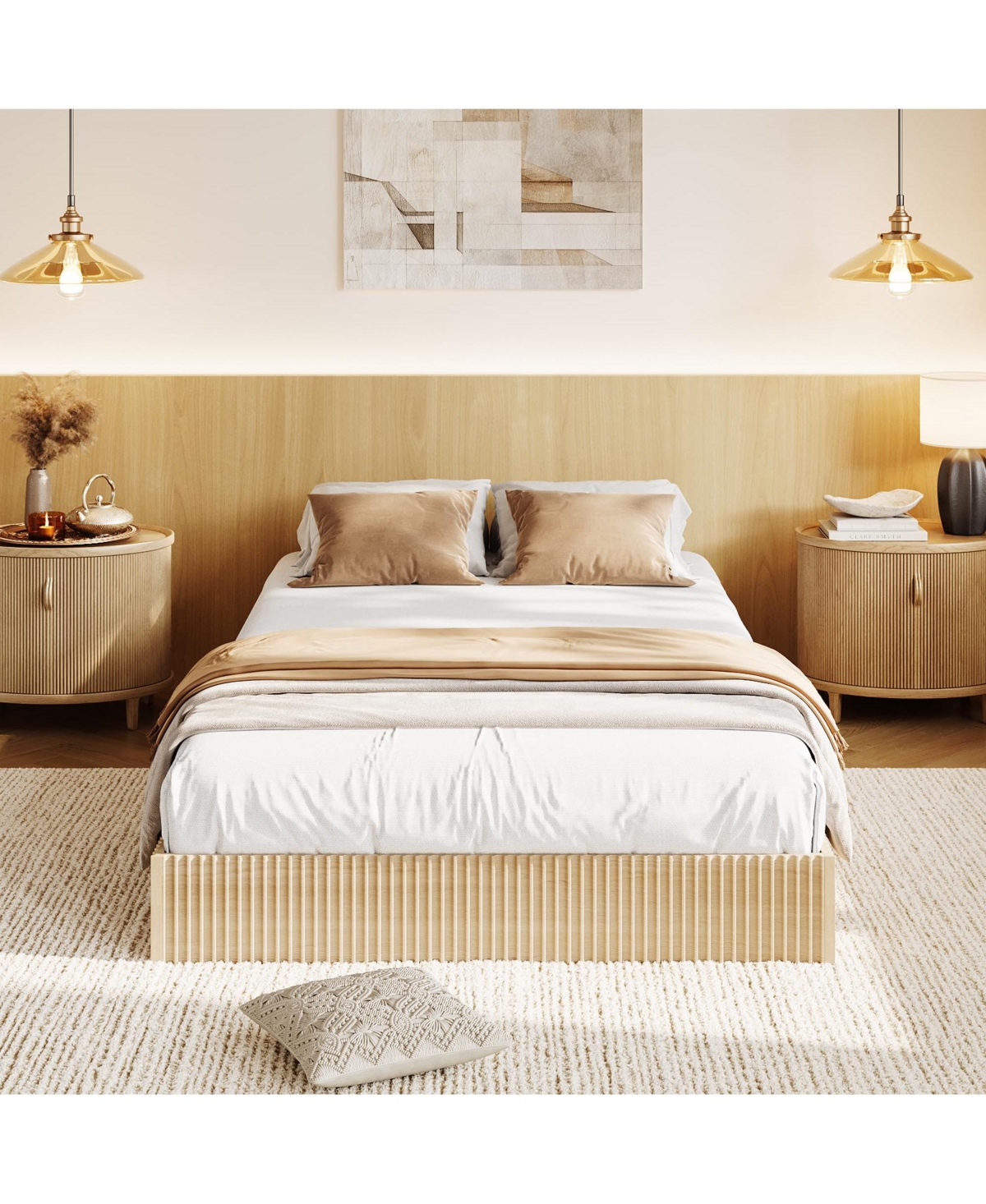 homfan Wood Platform Bed Frame with Fluted Design, Low Profile Bed, Quiet Slat Support