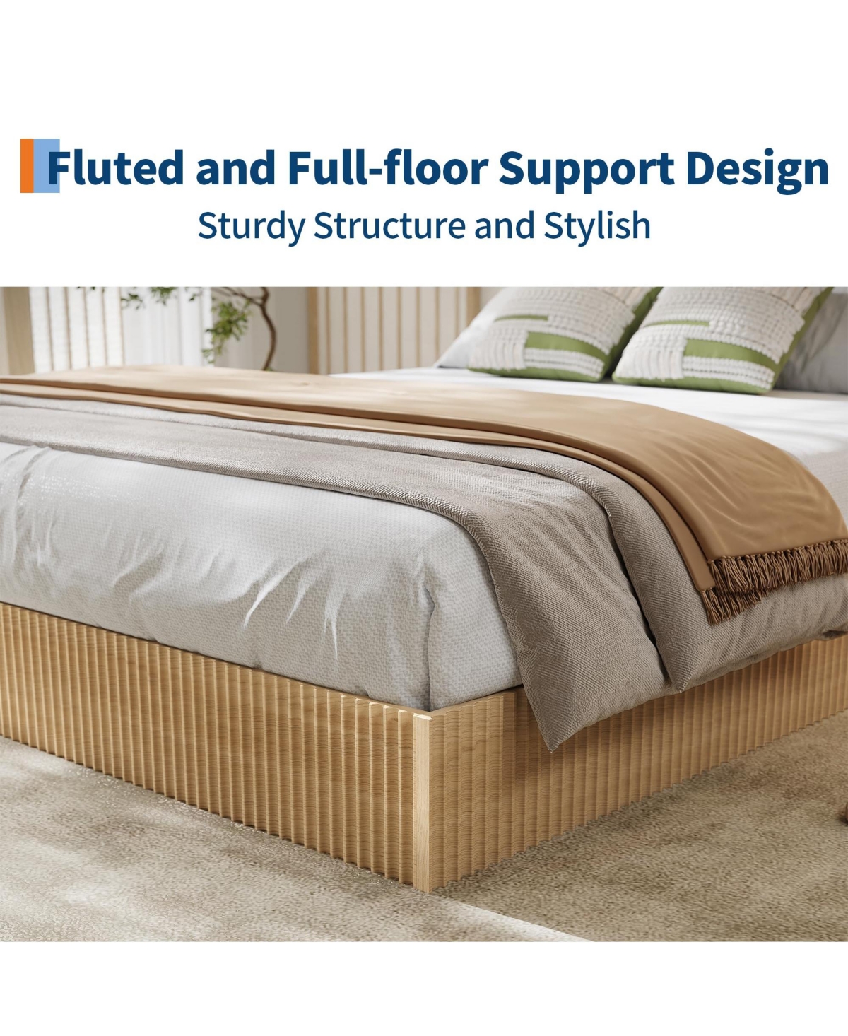 homfan Wood Platform Bed Frame with Fluted Design, Low Profile Bed, Quiet Slat Support