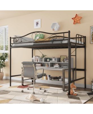 Metal Loft Bed with Ladder and Full Guardrails, Space-Saving Bed Frame with Under-Bed Clearance, No Box Spring Needed