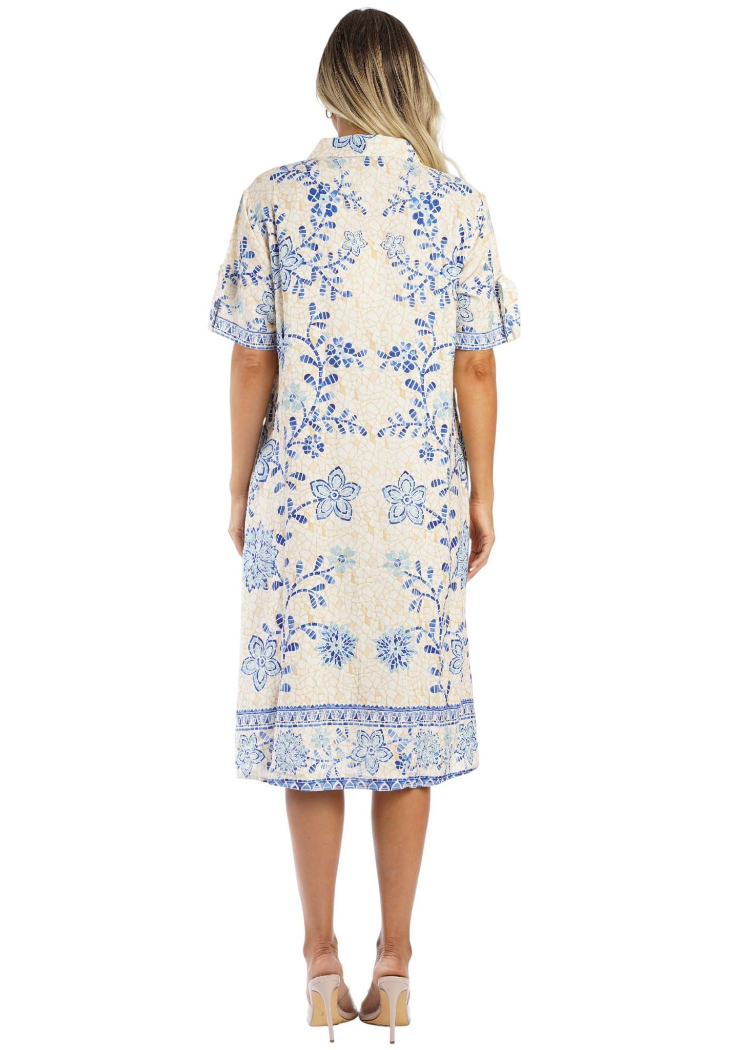 Женское платье La Moda Clothing Club Moda Blue Floral Button-Front Shirt Dress - Short Sleeve Midi Resort Wear Summer Vacation, цвет: Средний синий — фото 2