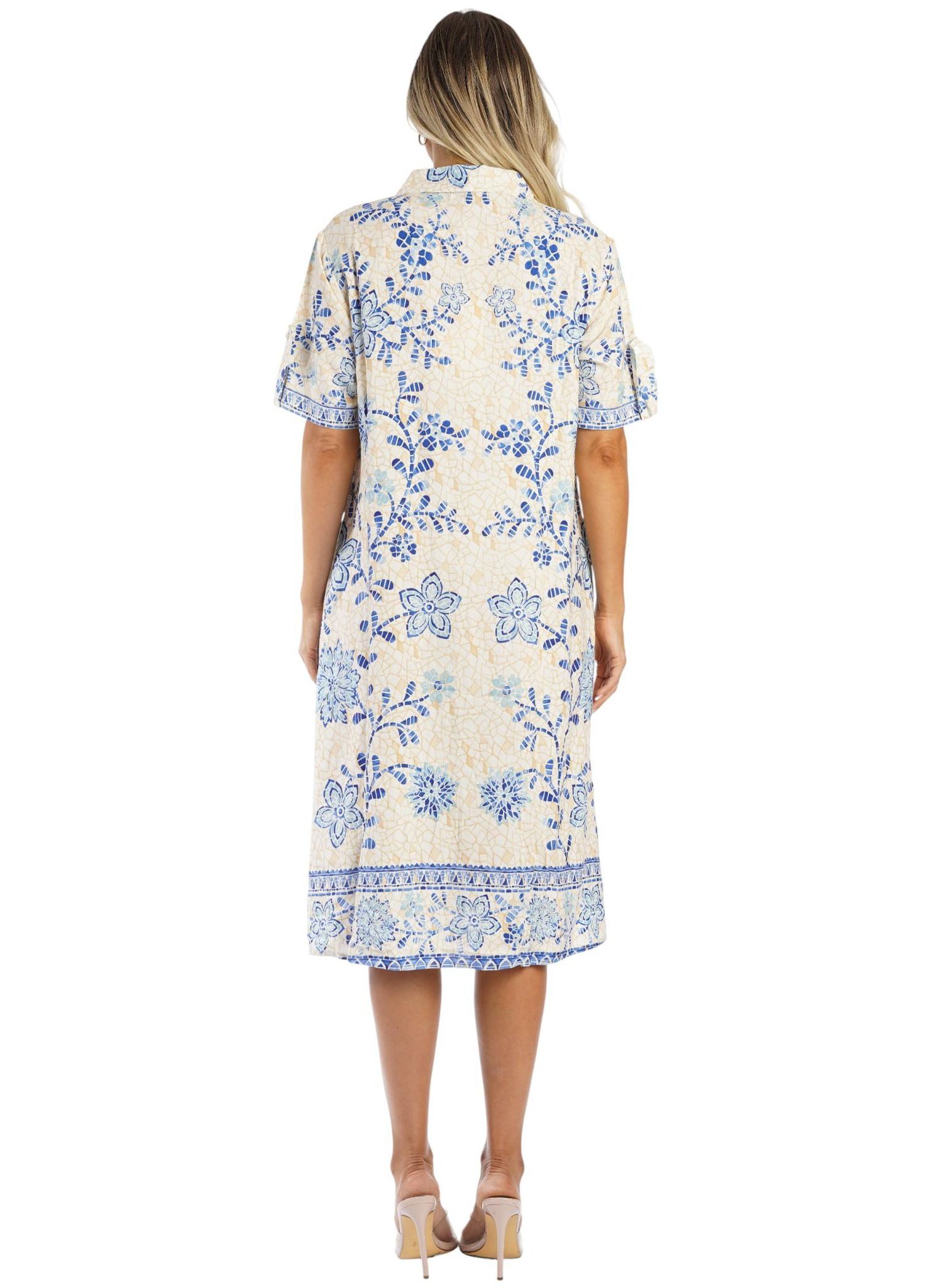 Women's Club Moda Blue Floral Button-Front Shirt Dress - Short Sleeve Midi Resort Wear Summer Vacation Dress