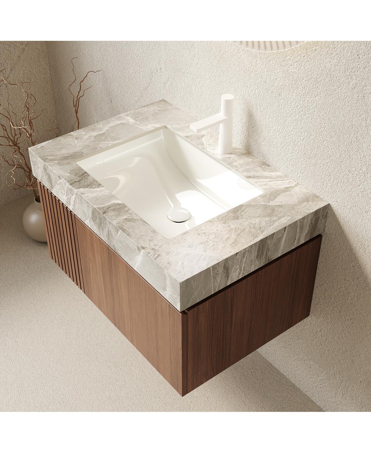 Sillysis Wall Mounted Bathroom Vanity, Luxury Sintered Stone Countertop, Undermount Ceramic Sink, Soft Close Storage Cabinet