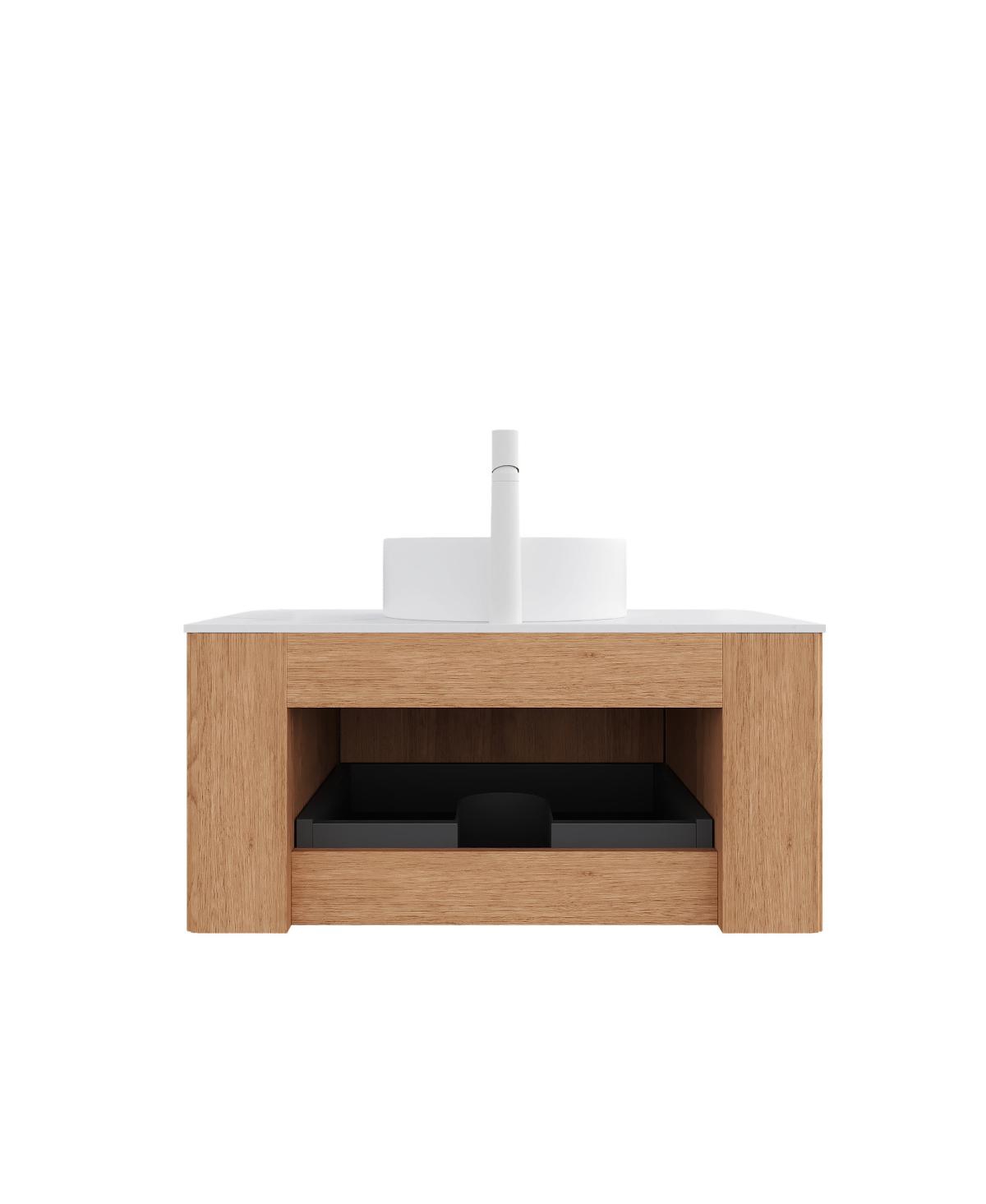 Sillysis Wall Mounted Bathroom Vanity with Sintered Stone Top, Ceramic Vessel Sink, 3D Wood Grain Drawer
