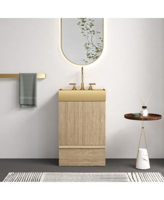 Freestanding Bathroom Vanity with Gold Metal Vessel Sink, Modern Striped Cabinet with Drawer for Small Spaces