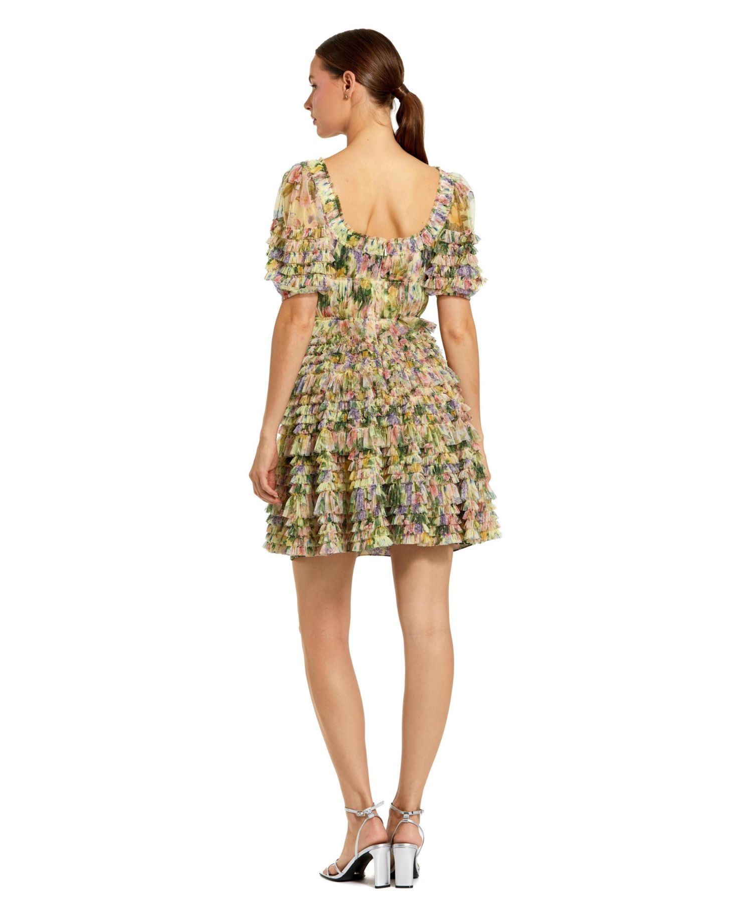 Women's Floral Mesh Puff Sleeve Ruffle Mini Dress