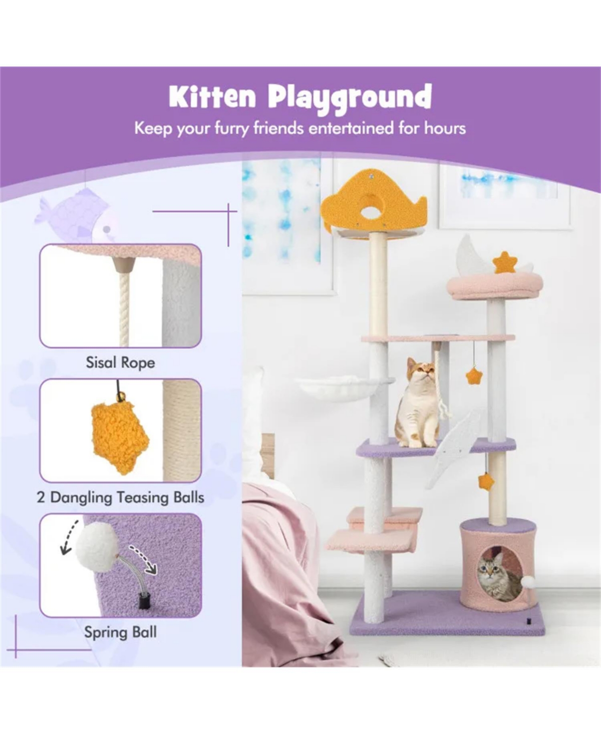 Zeus & Ruta 66 Inch Tall Cat Tree with Sisal Covered Scratching Posts for Indoor Cats
