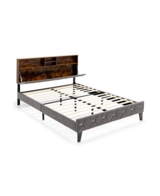 Full Size Velvet Upholstered Bed Frame with Multi-Compartment Storage Headboard
