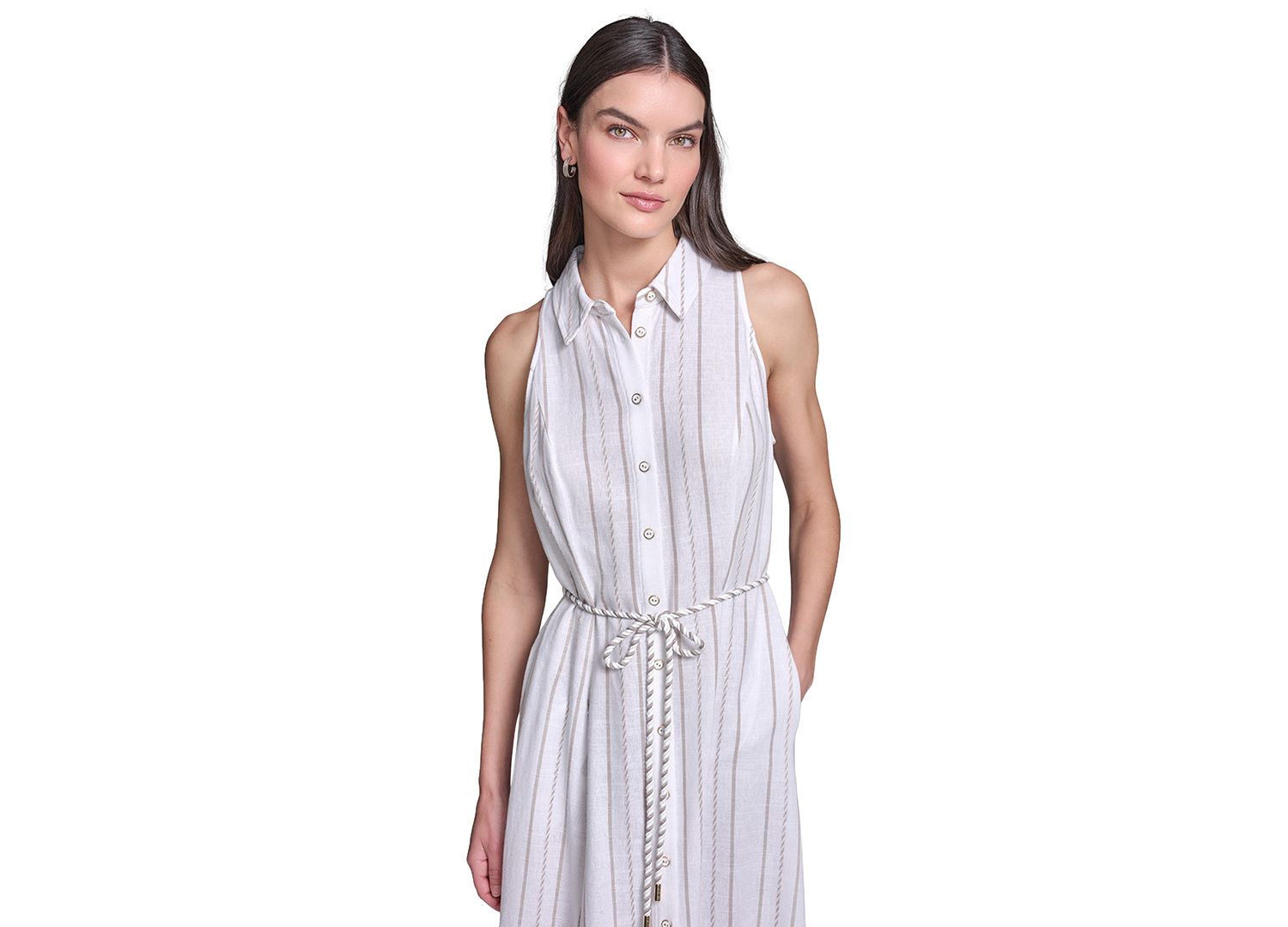 Women's Striped Rope Belt Midi Shirt-Dress