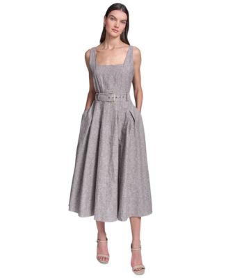 Women's Fit and Flare Belted Midi Linen Dress