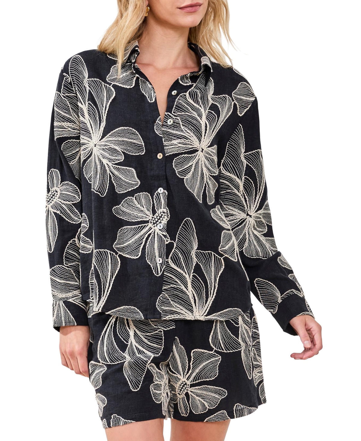 Tribal Women's Embroidered Crosshatch Button Top