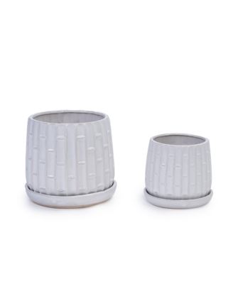 Handmade Glazed Ceramic Planter Set of 2, Vertical Ribbed Pattern, for Indoor or Outdoor Shelf and Table Use, Breathable Clay with Saucers