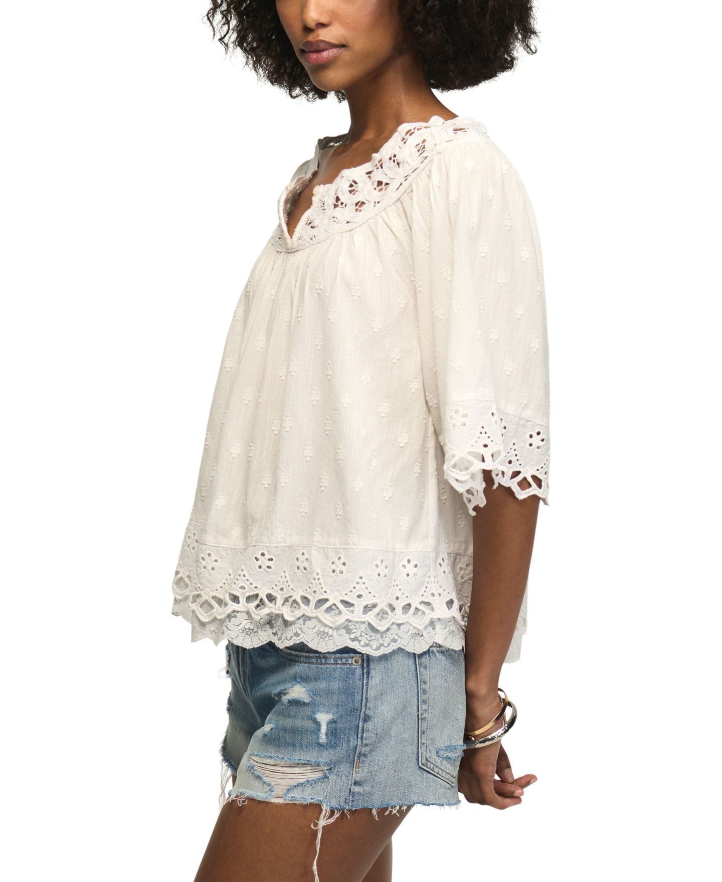 Женский топ Lucky Brand Notch-Neck Lace Detail Top, цвет: Яркий белый — фото 3