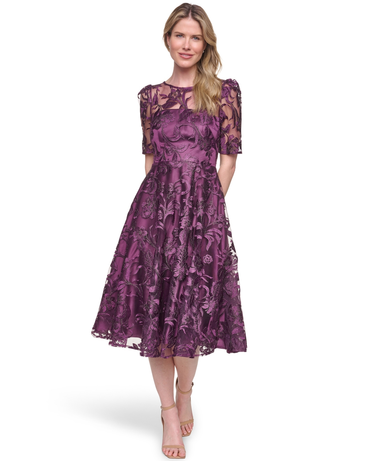 Eliza J Women's Elbow-Sleeve Illusion Yoke Dress - Plum