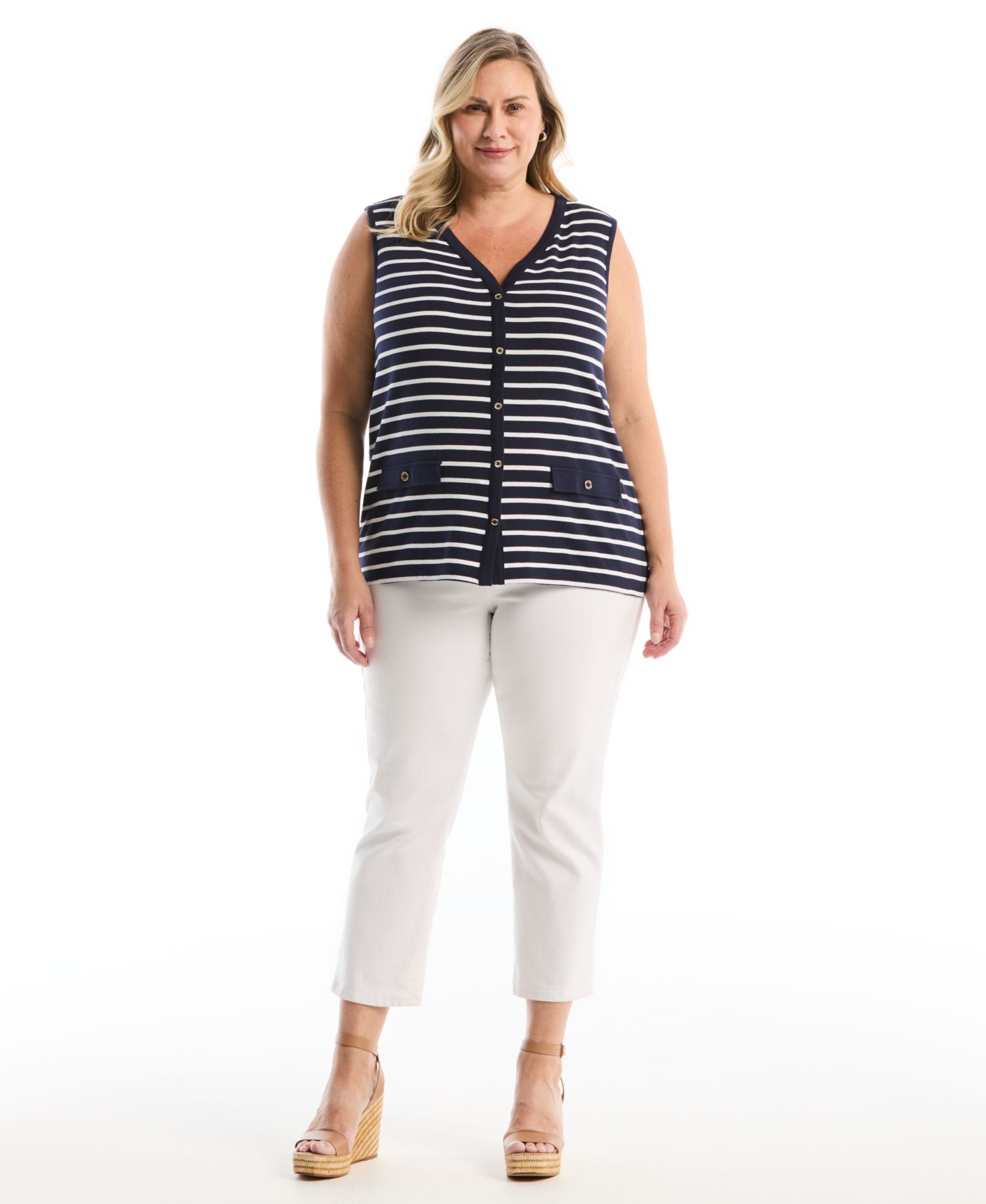 Plus Size Striped Button-Front Sleeveless Tank Top