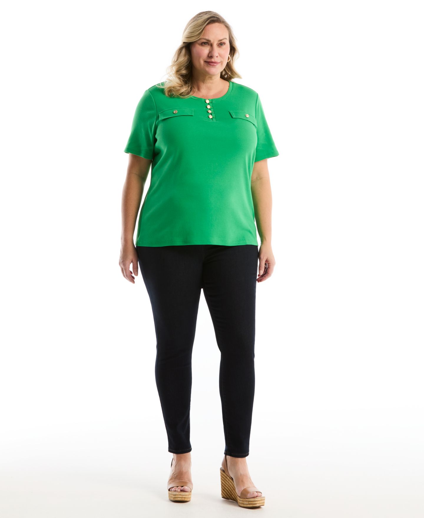 Женский топ Rafaella Plus Size Welt Pocket Button Detail Short-Sleeve, цвет: Зелёный — фото 2