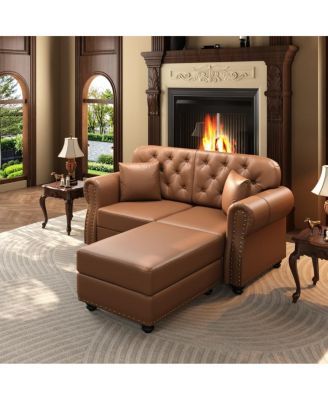 63'' Faux Leather Loveseat and Ottoman Set, Tufted Nailhead, Wood Frame