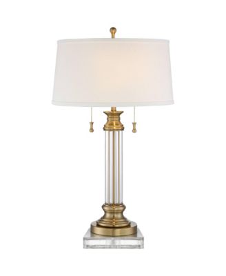 Rolland Traditional Table Lamp with Square Riser 31 1/2" Tall Antique Brass Crystal 2 Light Off  Drum Shade for Living Room