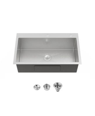 32 x 19 Inch Stainless Steel Kitchen Sink Single Bowl Overmount Handmade Brushed Nickel with US Standard Drain and Hook