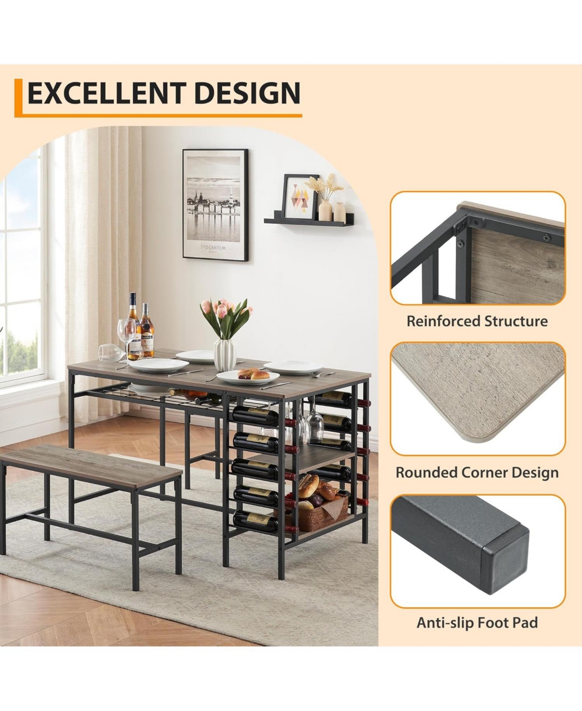 Gaomon 3-Piece Dining Set for 4, Table with 2 Benches, Rack & Storage