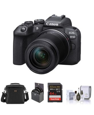 EOS R10 Mirrorless Camera with RF-S 18-150mm f3.5-6.3 IS STM Lens, Bundle with 64GB Memory Card, Shoulder Bag, 55mm Filter Kit and Cleaning Kit