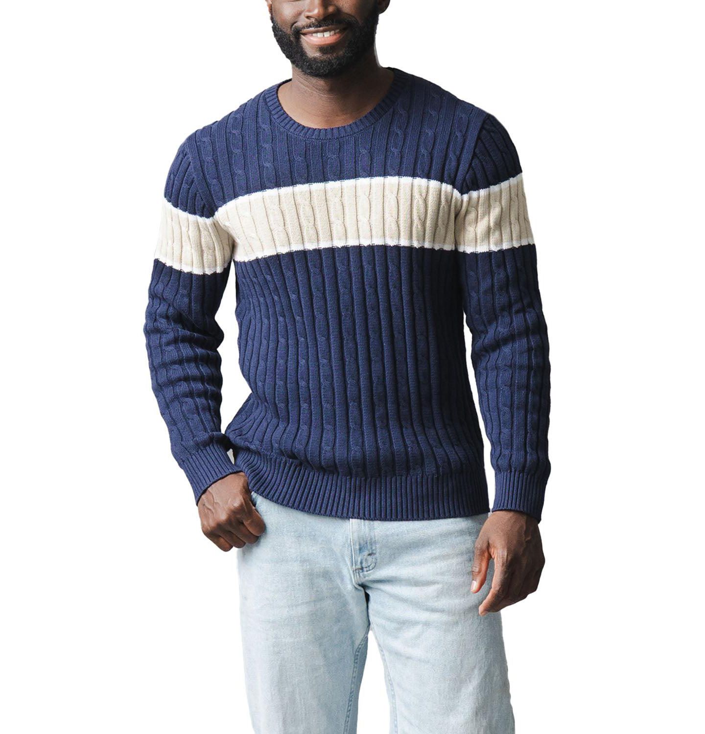 Мужской свитер Hope & Henry Organic Crew Neck Cable, цвет: Тёмно-синий полосатый — фото 1