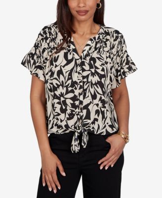 Petite Mono Floral Button Tie-Front Blouse