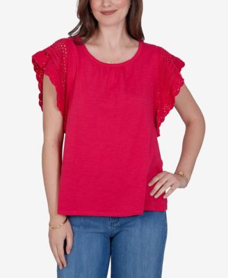 Petite Crochet-Sleeve Solid Cotton Blouse