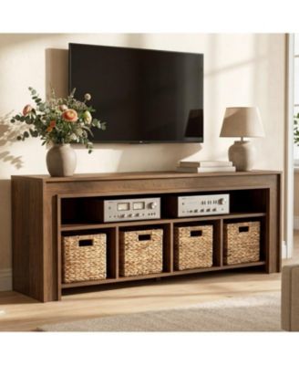  TV Stand TVs, Farmhouse Entertainment Center with Storage, Wooden TV Console with 4 Woven Baskets and Open Shelf