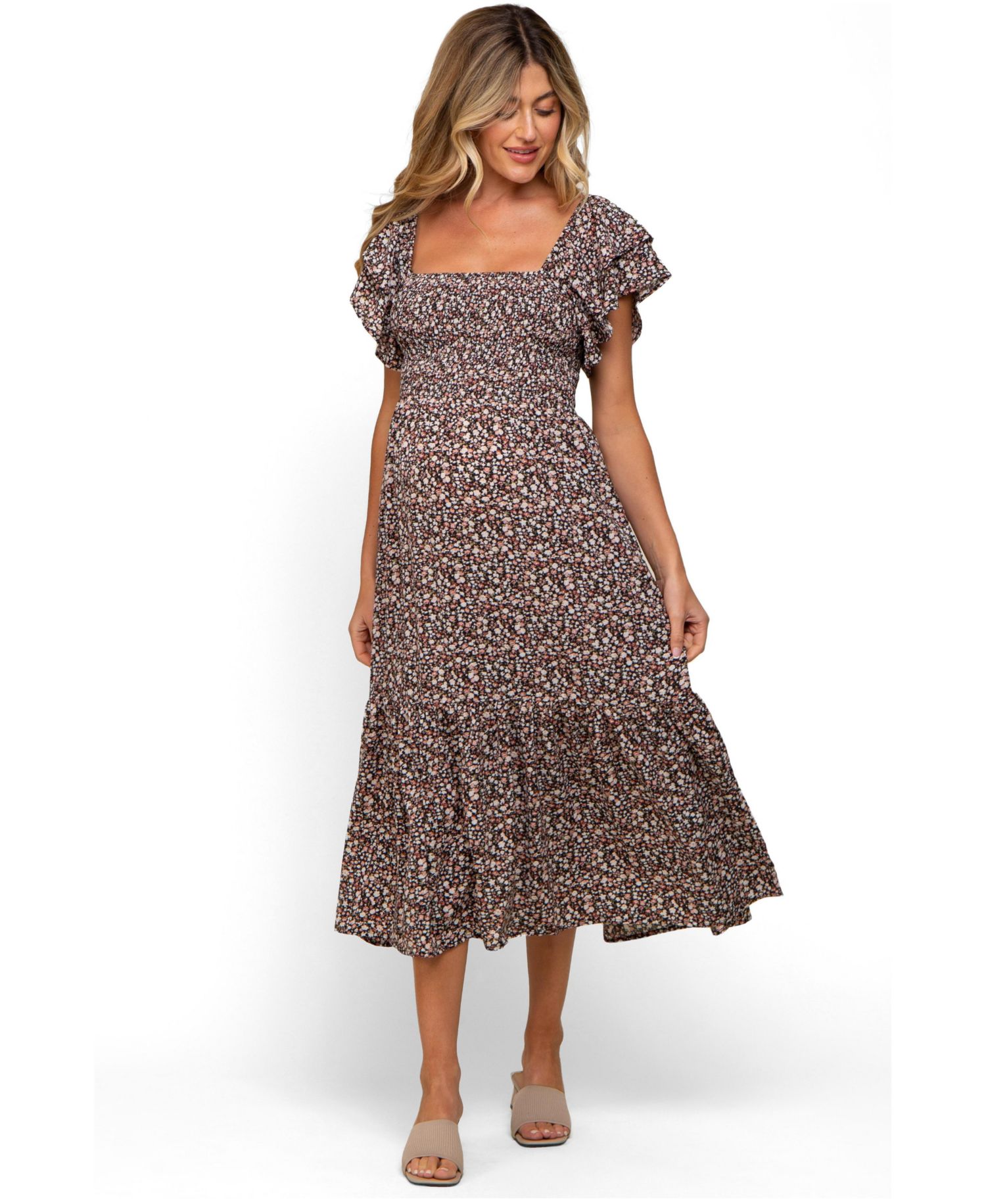 Women's Cream Floral Flutter Midi Dress