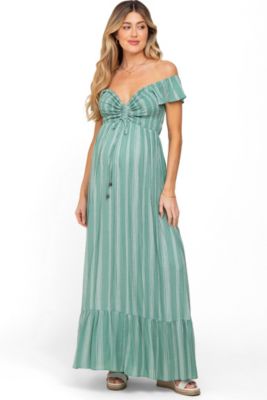 Maternity Green Striped Off Shoulder Front Tie Maxi Dress
