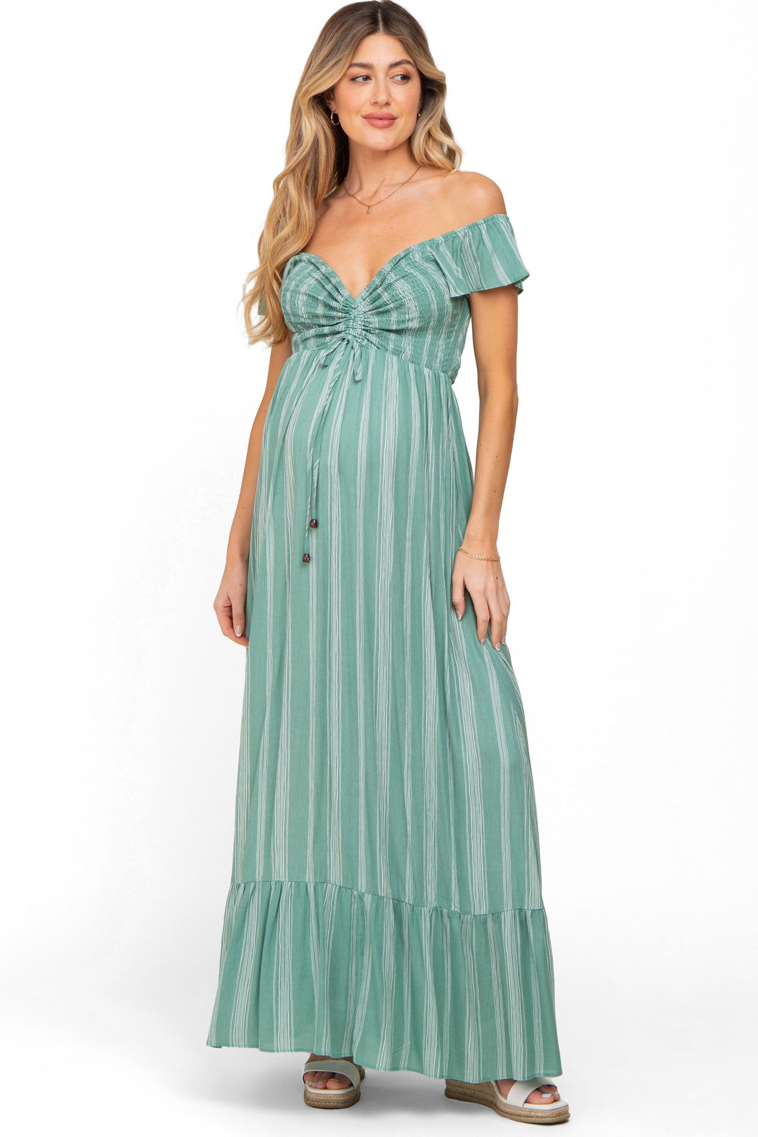 Women's Green Striped Off Shoulder Front Tie Maxi Dress