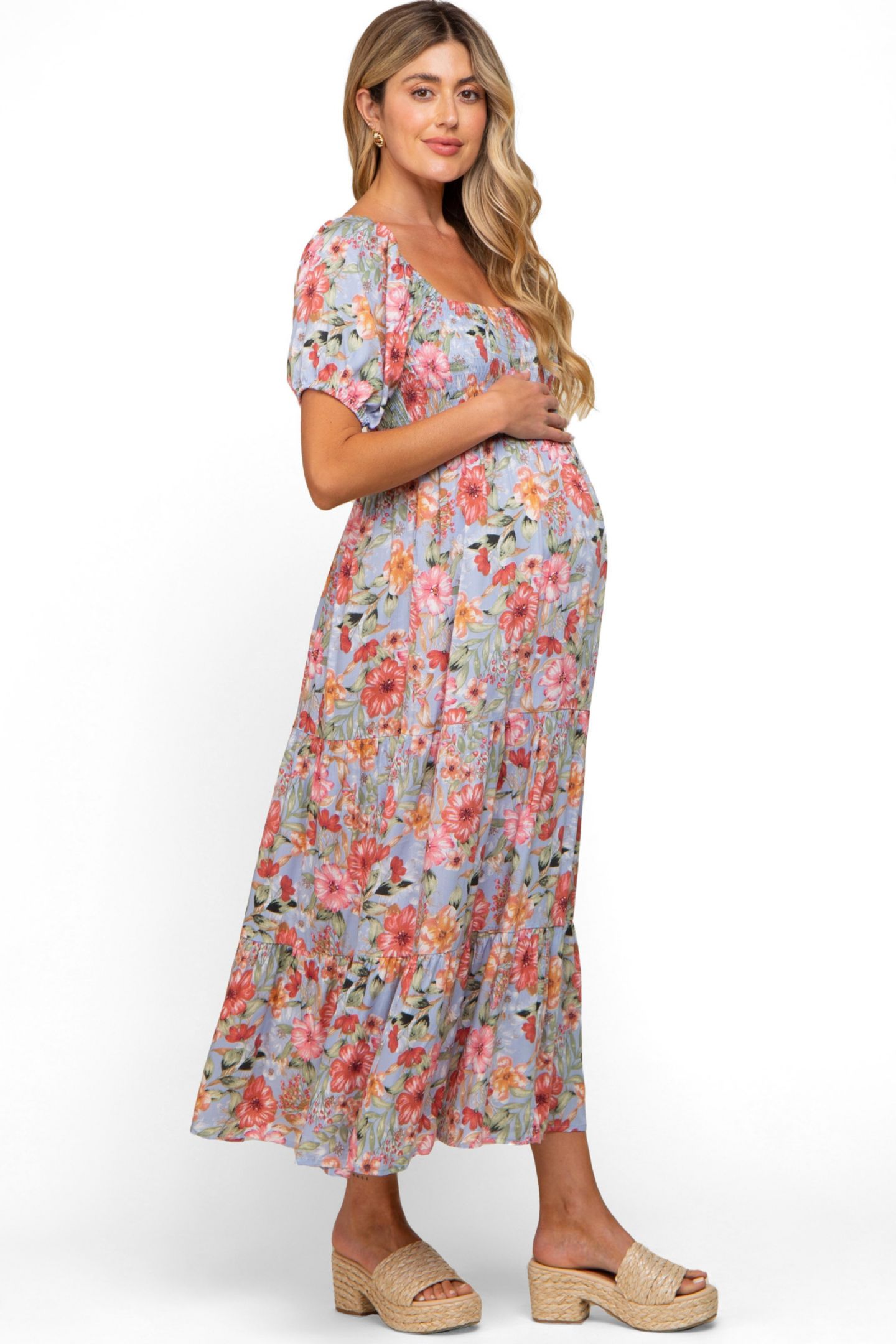 Женское платье Pinkblush Blue Floral Smocked Square Neck Tiered Maxi, цвет: Синий — фото 6