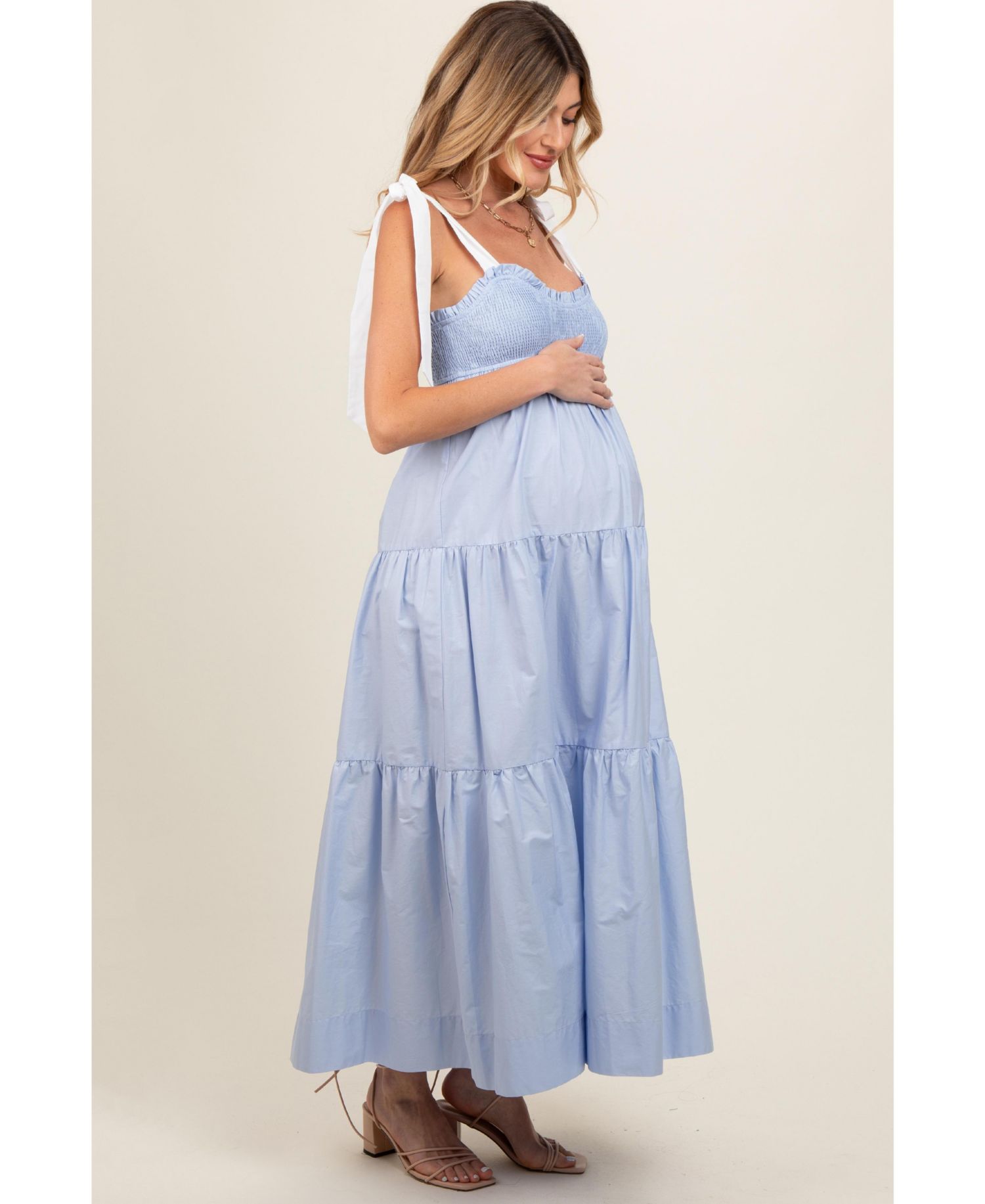 Women's Light Blue Contrast Shoulder Straps Maxi Dress