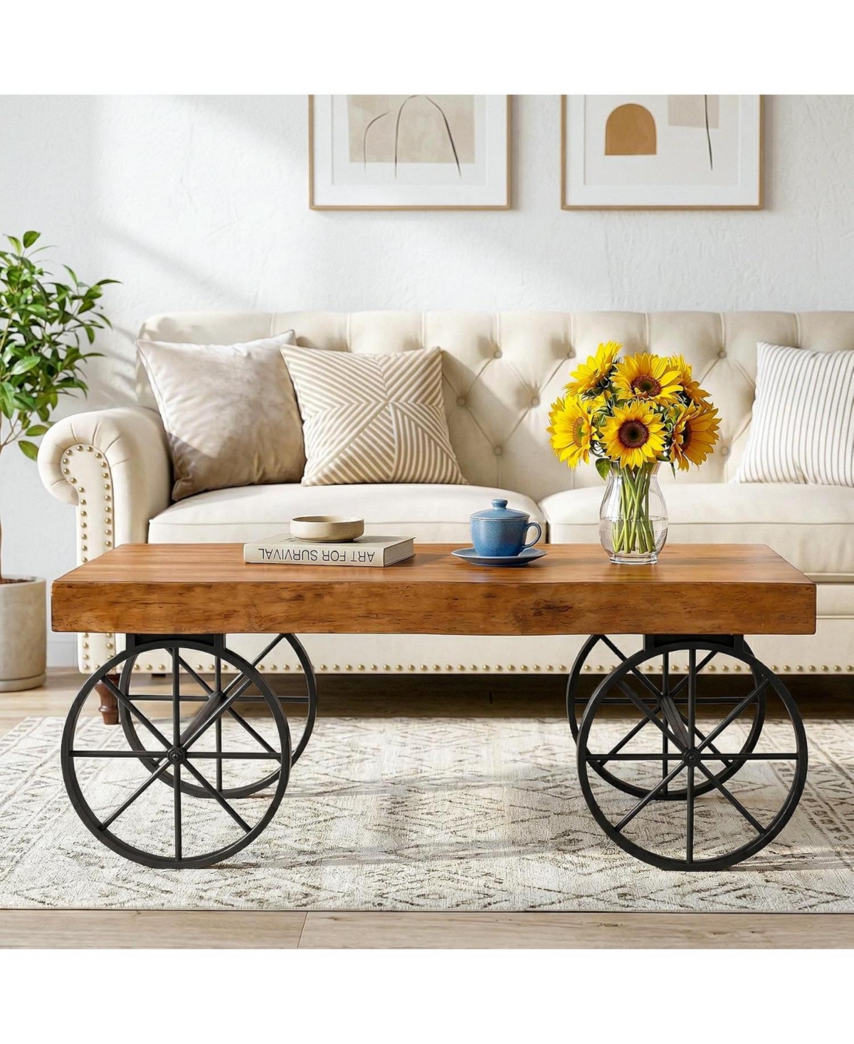 Tribesigns Solid Wood Coffee Table for Living Room, 47.2" Industrial Center Table with Live Edge Tabletop and Metal Wheel Legs