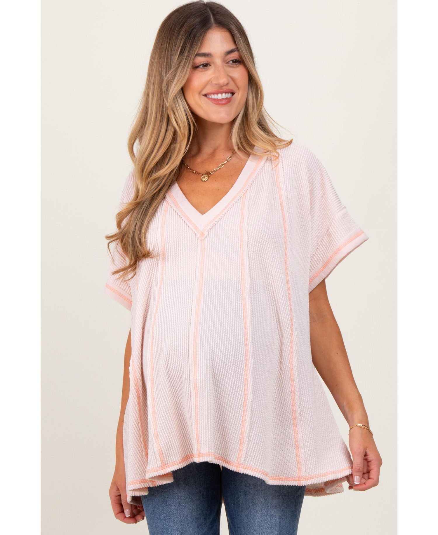 Women's Striped Ribbed V-Neck Oversized Short Sleeve Top