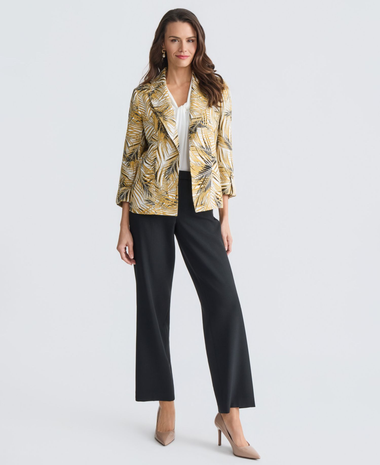 Women's 3/4-Sleeve Open-Front Palm Print Blazer, Regular & Petite