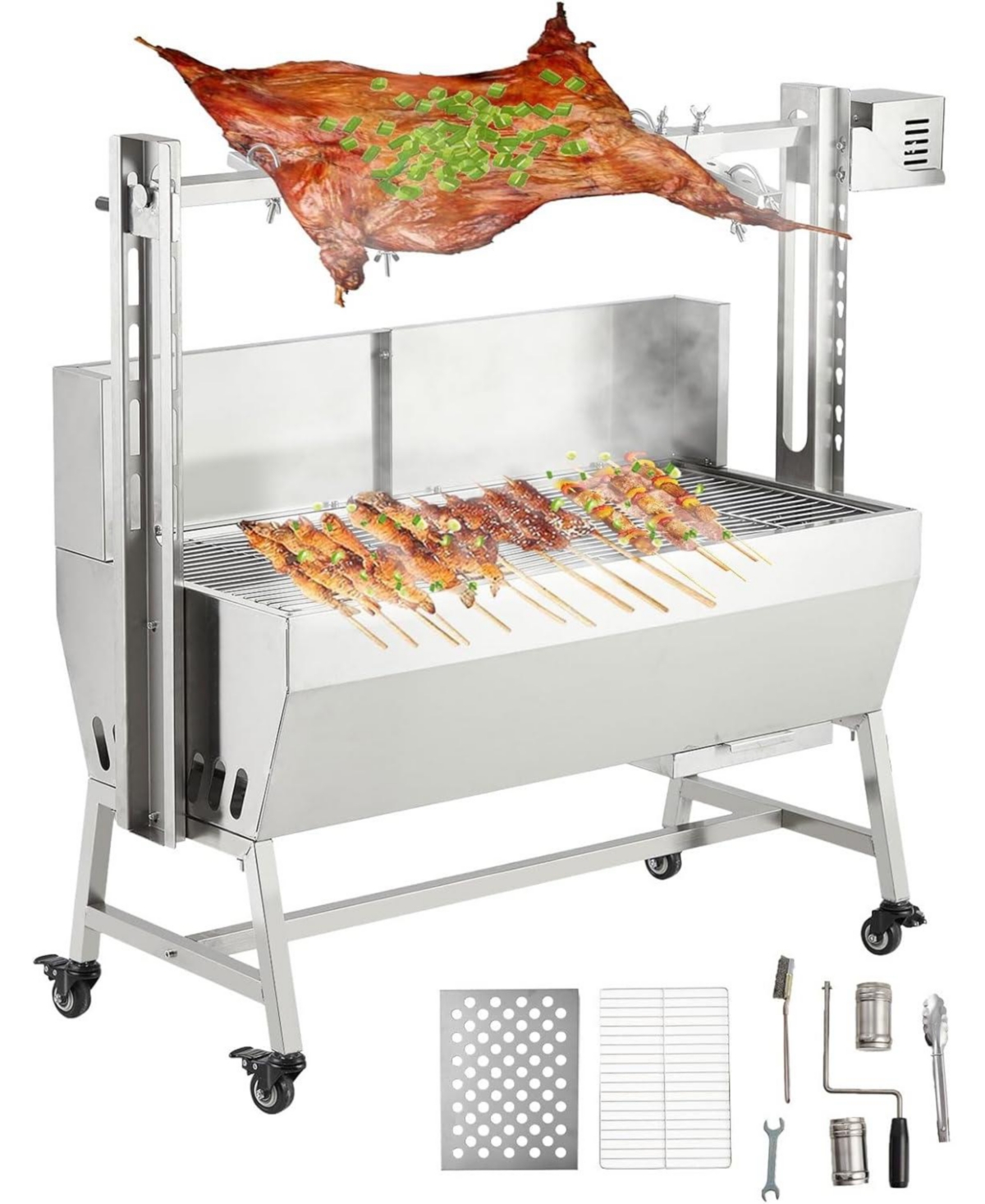 Xo 37" Stainless Steel Rotisserie Grill, Windscreen, 132 lb Capacity, Motor and Hand Crank Bbq Roaster