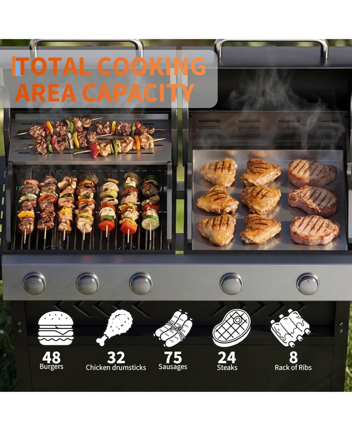 Xo 5-Burner Propane Gas Griddle Grill Combo, 40,000 Btu Stainless Steel Bbq for Backyard Kitchen
