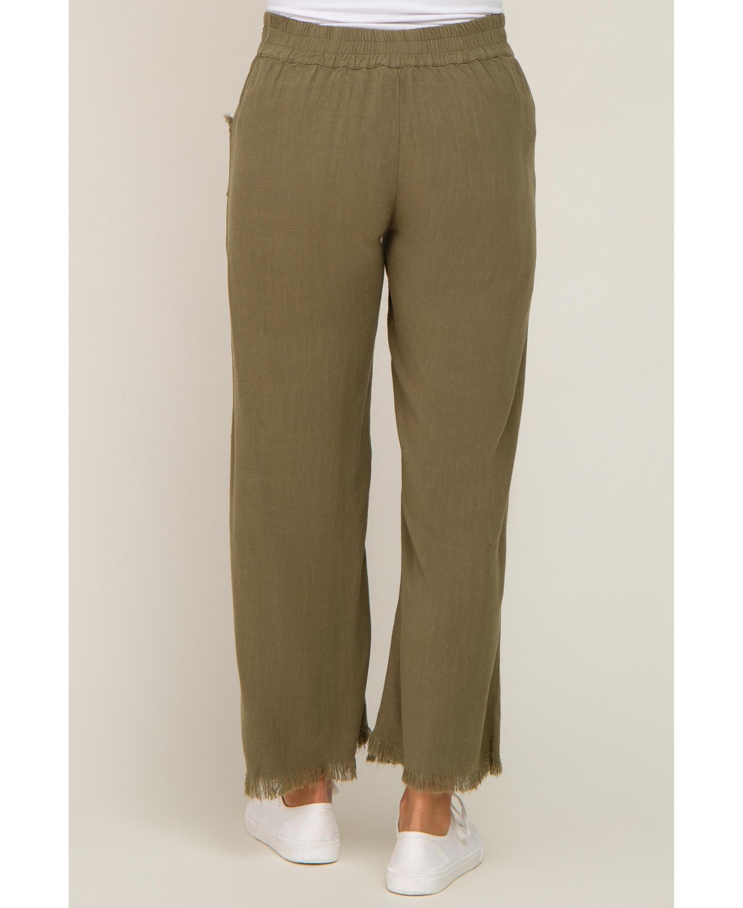 Women's Olive Linen Frayed Hem Crop Pants