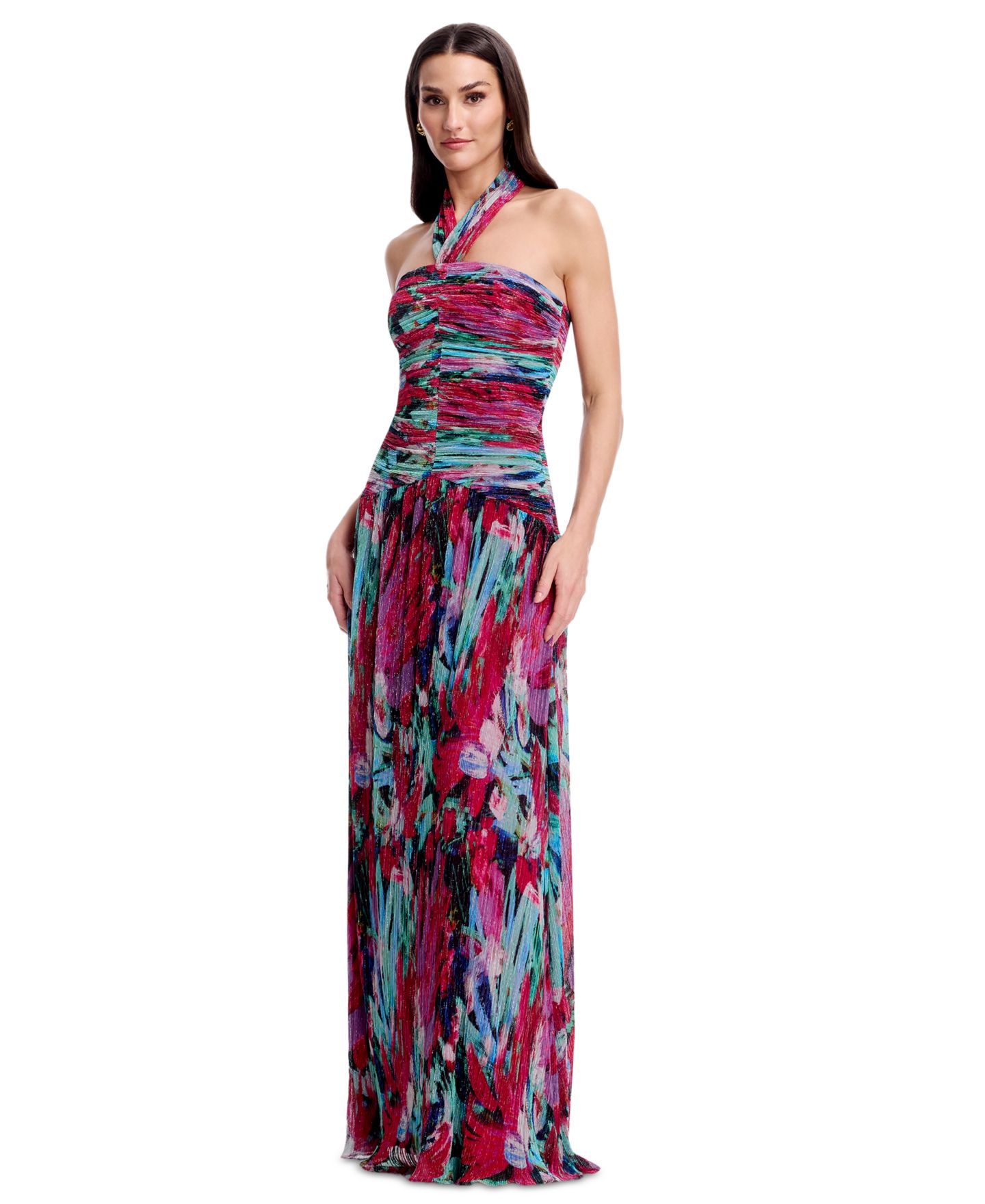 Женские платья Dress the Population Printed Halter Neck Ruched Drop Waist Gown, цвет: Яркий фуксия разноцветный — фото 2