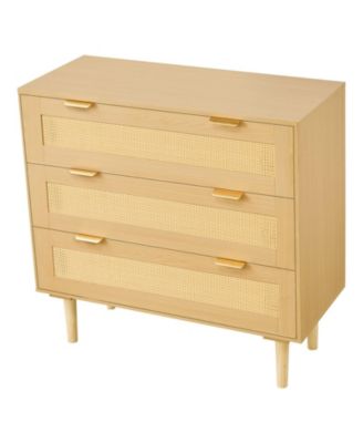 Drawer Rattan Dresser with Metal Handles and Wooden Legs