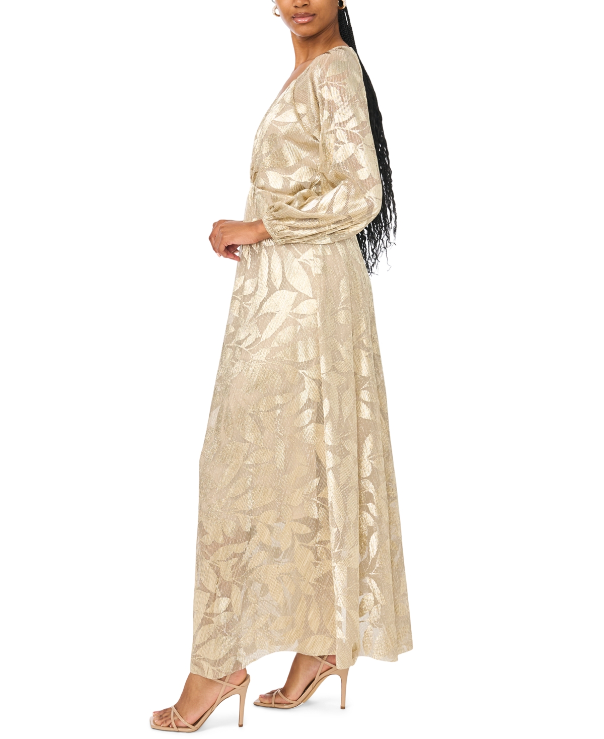Msk Women's Floral Shimmer Foil Detail V-Neck Gown